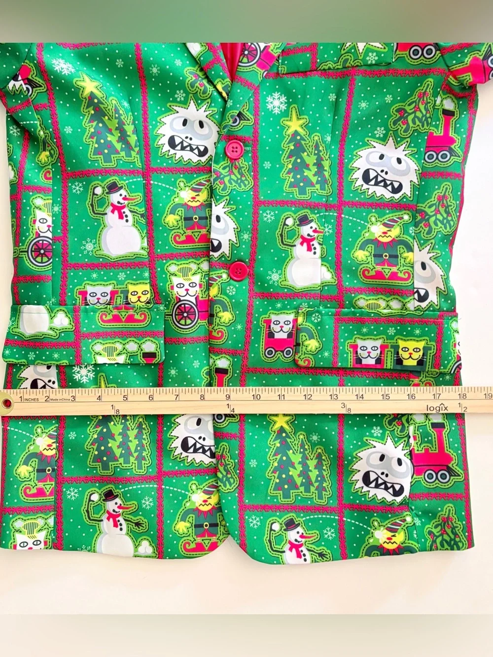 Ugly Christmas Green Blazer Jacket Snowman Yeti Elves Cats Holiday Time SZ S